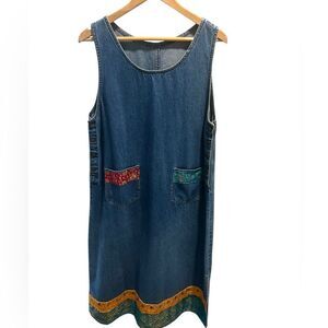 Vintage Denim Jumper Dress – Embroidered Floral Patchwork – Sleeveless – M/L